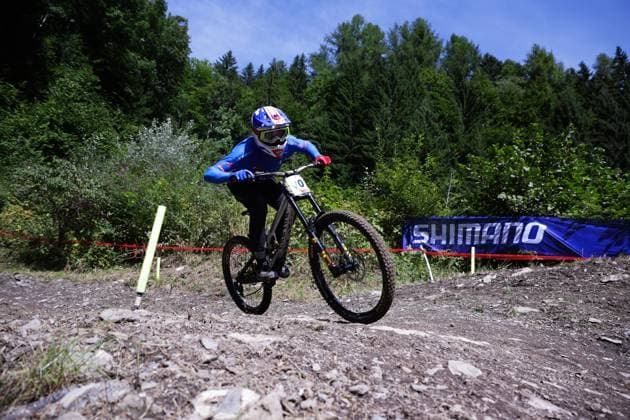 2025 UCI Mountain Bike World Championships Picture by Ed Sykes SWpix.com - 06 09 2025 - Cycling - 2025 UCI Mountain Bike World Championships - Downhill - ChampÃ ry, Valais, Switzerland - Men Junior Final - Marco Morini (Italy) Copyright: x xSWpix.comx(t axPhotographyxHubxLtd)xEdxSykes SWpix.comx SWP-3030-2033