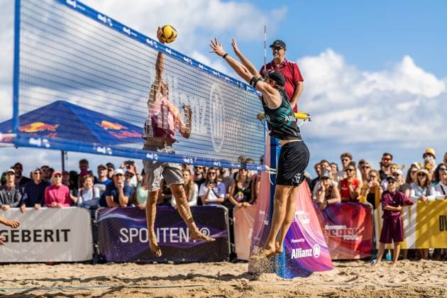 Beach volleyball I German Championships 2025 I Timmendorfer Strand I Day 3 I 06 09 2025 Attack Jannik Kühlborn BeachL e V against Nils Ehlers ETV Hamburg Timmendorfer Strand Schleswig Holstein Germany Copyright: xLobeca JasperxLorenzx