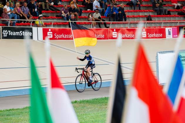 Presentation of the flags of the participating nations here Germany, 05 09 2025, Erfurt Germany , Track Cycling, Standing and Derny European Championships 2025 xprx