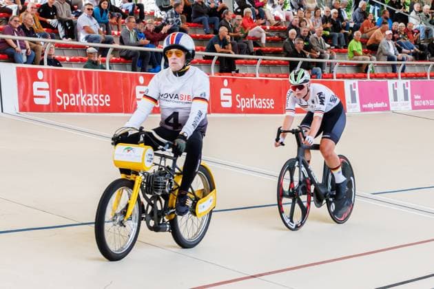 Messane Bräutigam GER behind Peter Bäuerlein GER, Pacemaker , 05 09 2025, Erfurt Germany , Track Cycling, Stand-up and Derny European Championships 2025 xprx