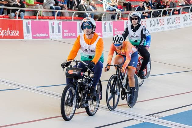Yuli van der Molen NED behind Christian Bosch NED, Pacemaker , 05 09 2025, Erfurt Germany , Track Cycling, Stand-up and Derny European Championships 2025 xprx
