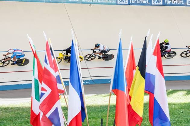Passing the flags of the participating nations Symbolic image in the center Felix Groß GER behind Florian Podlesch GER, pacemaker , 05 09 2025, Erfurt Germany , Track Cycling, Stand-up and Derny European Championships 2025 xprx