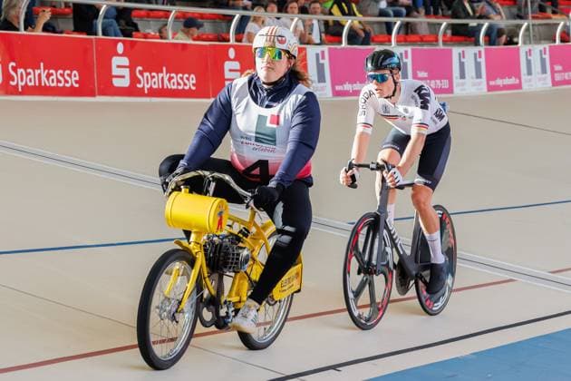 Felix Groß GER behind Florian Podlesch GER, Pacemaker , 05 09 2025, Erfurt Germany , Track Cycling, Stand-up and Derny European Championships 2025 xprx