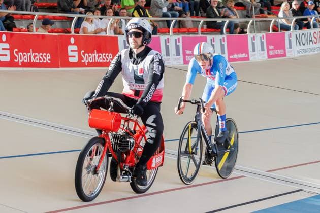 Adam Krenek CZE behind Nick Alens BEL, Pacemaker , 05 09 2025, Erfurt Germany , Track Cycling, Stand-up and Derny European Championships 2025 xprx