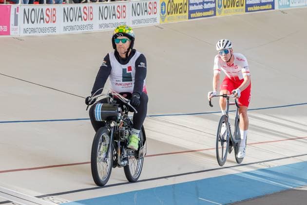 Wojciech Pszczolarski POL behind Klaus Wagenstetter GER, pacemaker with too much distance, 05 09 2025, Erfurt Germany , Track Cycling, Stand-up and Derny European Championships 2025 xprx