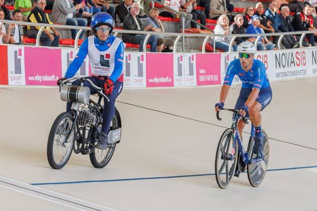 Davide Boscaro ITA behind Christian Dagnoni ITA, pacemaker 3rd place in 1 heat, 05 09 2025, Erfurt Germany , Track Cycling, Stand-up and Derny European Championships 2025 xprx
