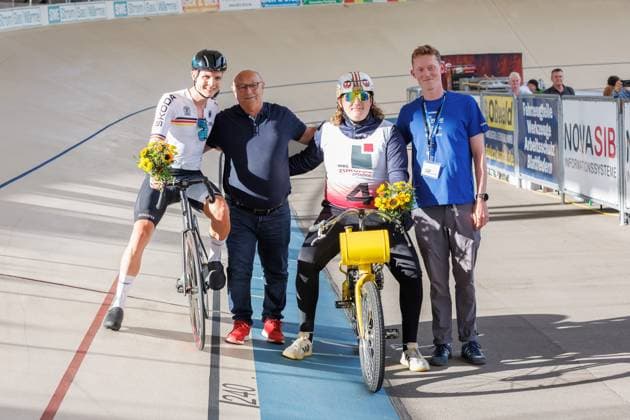Felix Groß GER wins with Florian Podlesch GER, pacemaker the 1 preliminary heat in the mens derny, 05 09 2025, Erfurt Germany , track cycling, stayers and derny European Championships 2025 xprx