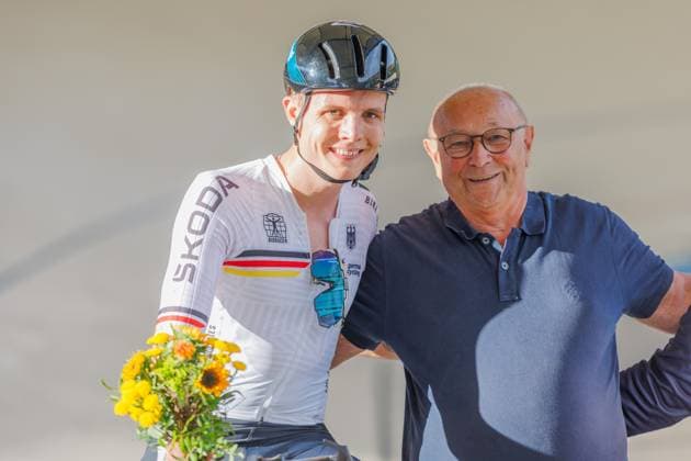 Felix Groß GER wins the 1st preliminary heat in the mens derny, 05 09 2025, Erfurt Germany , Track cycling, Stand-up and Derny European Championships 2025 xprx