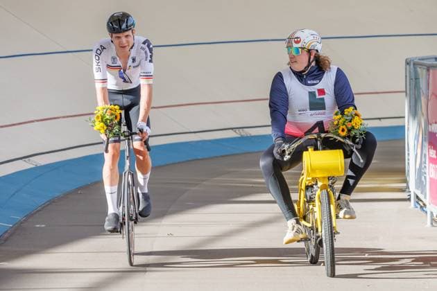 Felix Groß GER wins with Florian Podlesch GER, pacemaker the 1 preliminary heat in the mens derny lap of honor, 05 09 2025, Erfurt Germany , track cycling, stayers and derny European Championships 2025 xprx