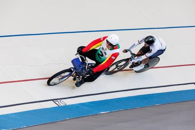 Moritz Augenstein GER behind Christian Ertel GER, Pacemaker , 05 09 2025, Erfurt Germany , Track Cycling, Stand-up and Derny European Championships 2025 xprx