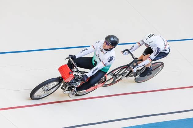 Franz Groß GER behind Marcel Möbus GER, Pacemaker , 05 09 2025, Erfurt Germany , Track Cycling, Stand-up and Derny European Championships 2025 xprx