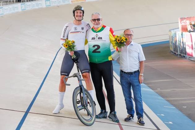 Moritz Augenstein GER wins with Christian Ertel GER, pacemaker the 2nd preliminary heat in the mens derny, 05 09 2025, Erfurt Germany , Track cycling, Stand-up and Derny European Championships 2025 xprx