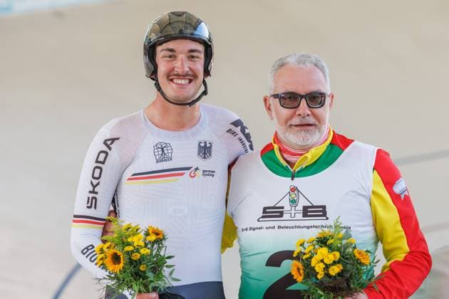 Moritz Augenstein GER wins with Christian Ertel GER, pacemaker the 2nd preliminary heat in the mens derny, 05 09 2025, Erfurt Germany , Track cycling, Stand-up and Derny European Championships 2025 xprx