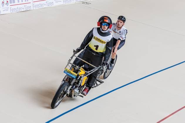Franz Schiewer GER behind Patrick Wolfrum GER, Pacemaker , 05 09 2025, Erfurt Germany , Track Cycling, Stand-up and Derny European Championships 2025 xprx