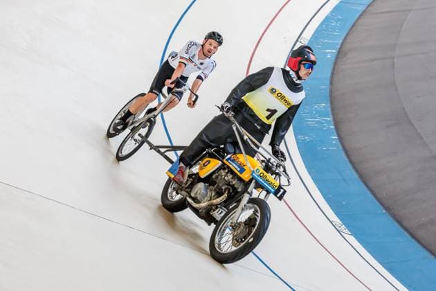 Franz Schiewer GER behind Patrick Wolfrum GER, Pacemaker , 05 09 2025, Erfurt Germany , Track Cycling, Stand-up and Derny European Championships 2025 xprx