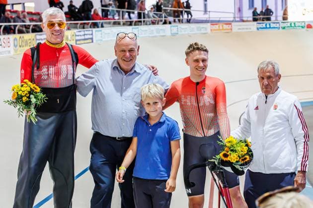 Viktor Filutas HUN wins with Peter Bäuerlein GER, pacemaker the 2 preliminary heat of the stayers, 05 09 2025, Erfurt Germany , Track cycling, Stayers and Derny European Championships 2025 xprx