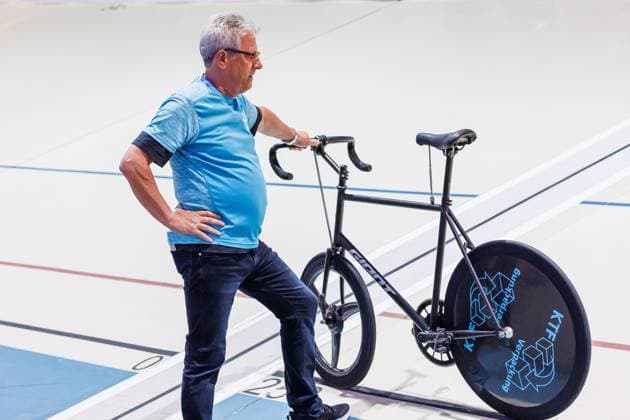 Gerhard Gessler former pacemaker as start assistant, 05 09 2025, Erfurt Germany , Track Cycling, Stand-up and Derny European Championships 2025 xprx