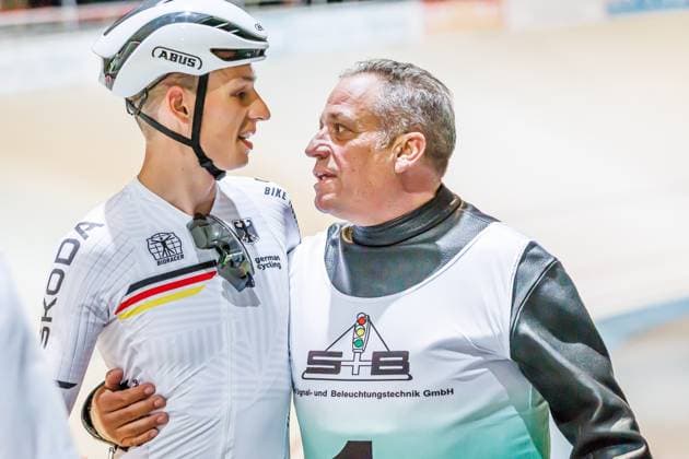 Daniel Harnisch GER wins with Thomas Baur GER, pacemaker the 3 preliminary heat of the stayers, 05 09 2025, Erfurt Germany , Track Cycling, Stayers and Derny European Championships 2025 xprx