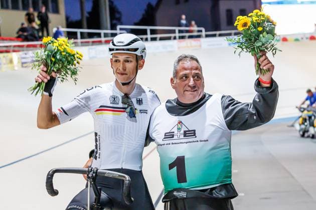 Daniel Harnisch GER wins with Thomas Baur GER, pacemaker the 3 preliminary heat of the stayers, 05 09 2025, Erfurt Germany , Track Cycling, Stayers and Derny European Championships 2025 xprx