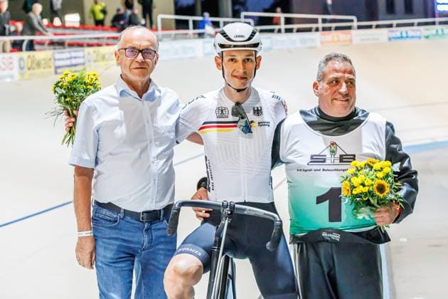Daniel Harnisch GER wins with Thomas Baur GER, pacemaker the 3 preliminary heat of the stayers, 05 09 2025, Erfurt Germany , Track Cycling, Stayers and Derny European Championships 2025 xprx