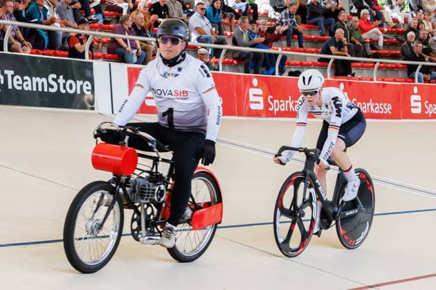 Lena Charlotte Reißner GER behind Marcel Möbus GER, Pacemaker , 05 09 2025, Erfurt Germany , Track Cycling, Stand-up and Derny European Championships 2025 xprx