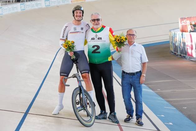 Moritz Augenstein GER wins with Christian Ertel GER, pacemaker the 2nd preliminary heat in the mens derny, 05 09 2025, Erfurt Germany , Track cycling, Stand-up and Derny European Championships 2025 xprx