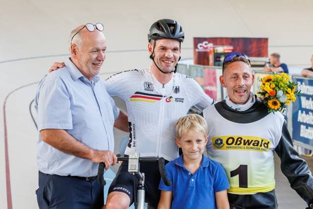 Franz Schiewer GER wins with Patrick Wolfrum GER, pacemaker the 1 preliminary heat of the stayers, 05 09 2025, Erfurt Germany , Track cycling, Stayers and Derny European Championships 2025 xprx