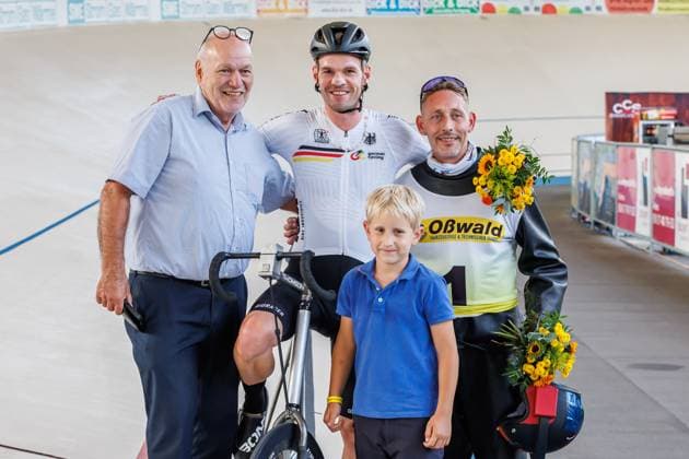 Franz Schiewer GER wins with Patrick Wolfrum GER, pacemaker the 1 preliminary heat of the stayers, 05 09 2025, Erfurt Germany , Track cycling, Stayers and Derny European Championships 2025 xprx