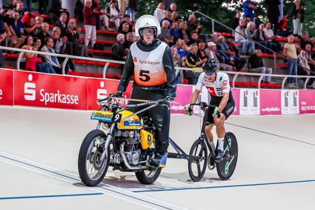 Jan Andre Freuler SUI behind Flavio Küng SUI, Pacemaker , 05 09 2025, Erfurt Germany , Track Cycling, Stand-up and Derny European Championships 2025 xprx
