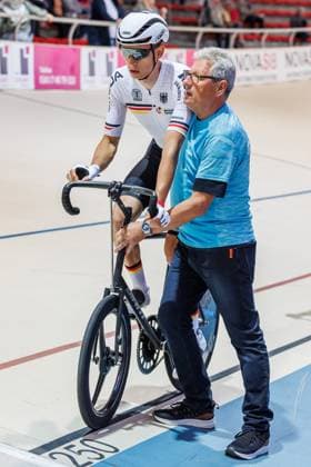 Daniel Harnisch GER with Gerhard Gessler former pacemaker as star helper, 05 09 2025, Erfurt Germany , Track Cycling, Stand-up and Derny European Championships 2025 xprx