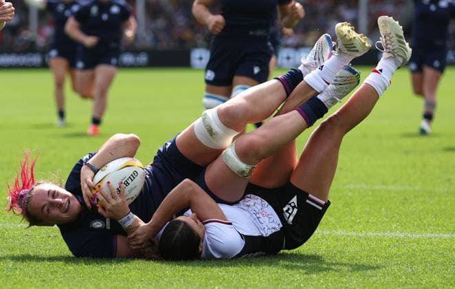 Evie Gallagher of Scotland scores their sides second try Canada v Scotland, Women s Rugby World Cup, Group B, Rugby Union, Sandy Park, Exeter, UK - 06 Sept 2025Exeter Sandy Park United Kingdom EDITORIAL USE ONLY No use with unauthorised audio, video, data, fixture lists, club league logos or live services. Online in-match use limited to 120 images, no video emulation. No use in betting, games or single club league player publications. Copyright: xKieranxMcManus Shutterstockx 15471114ah