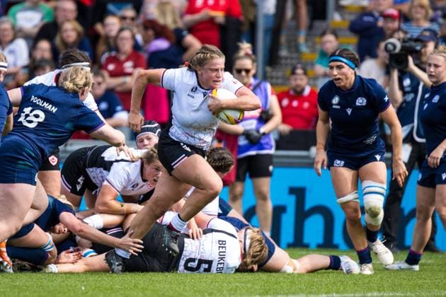 Emily Tuttosi (Hooker ? Canada, Exeter Chiefs and Calgary Hornets) tries to break through the line during the match between Canada and Scotland in the Women s Rugby World Cup 2025 (Match 17) at Sandy Park, England on Saturday 6th September 2025. Copyright: xClairexJeffreyx xSPPx Sportspressphoto_SPR20902