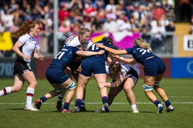 Anne Young (Prop ? Scotland and Loughborough Lightning) drives forward during the match between Canada and Scotland in the Women s Rugby World Cup 2025 (Match 17) at Sandy Park, England on Saturday 6th September 2025. Copyright: xClairexJeffreyx xSPPx Sportspressphoto_SPR20907