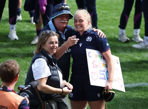 Sarah Bonar of Scotland celebrates with family after full time after winning their 50th cap Canada v Scotland, Women s Rugby World Cup, Group B, Rugby Union, Sandy Park, Exeter, UK - 06 Sept 2025Exeter Sandy Park United Kingdom EDITORIAL USE ONLY No use with unauthorised audio, video, data, fixture lists, club league logos or live services. Online in-match use limited to 120 images, no video emulation. No use in betting, games or single club league player publications. Copyright: xKieranxMcManus Shutterstockx 15471114aq