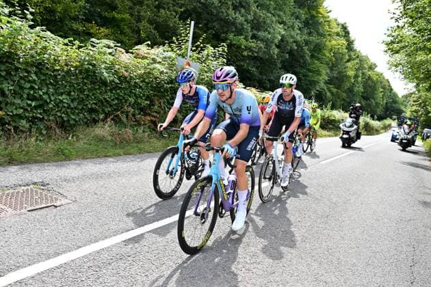 2025 Lloyds Tour of Britain Picture by Bruce Rollinson SWpix.com - 06 09 2025 - Cycling - 2025 Lloyds Tour of Britain - Stage 5: Pontypool to The Tumble - Breakaway - Axel Huens (Unibet Tietema Rockets), Finlay Tarling (Israel Premier Tech), Frederik Frison (Q36.5 Pro Cycling Team) Copyright: x xSWpix.comx(t axPhotographyxHubxLtd)xBrucexRollinson SWpix.comx SWP-3069-2559