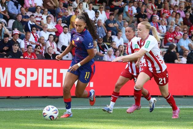 05 09 2025, xsscx, Frauen Fuï¬ball, 1 FC Köln RB Leipzig, 1 Fuï¬ball Bundesliga, 01 Spieltag, Franz Kremer Stadion, Saison 2025 2026 Lisa Baum RB Leipzig 11 im Zweikampf gegen Anna Gerhardt 1 FC Koeln 21 DFB regulations prohibit any use of photographs as image sequences and or quasi video Nordrhein Westfalen Germany Nordrhein Westfalen Germany