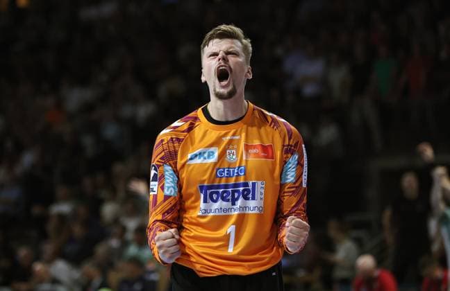 Goalkeeper Sergey Hernandez Ferrer celebrates after a save Joy Emotion Cheers Sport Handball HBL Bundesliga Men 3 Matchday Season 2025 2026 06 09 2025 Füchse Berlin vs SC Magdeburg SCM