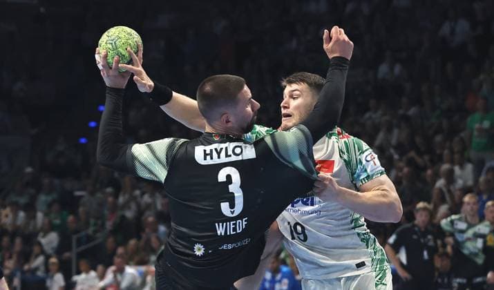 Fabian Wiede, Elvar Örn Jonsson duel Match scene Action Sport Handball HBL Bundesliga Men 3 Matchday Season 2025 2026 06 09 2025 Füchse Berlin vs SC Magdeburg SCM