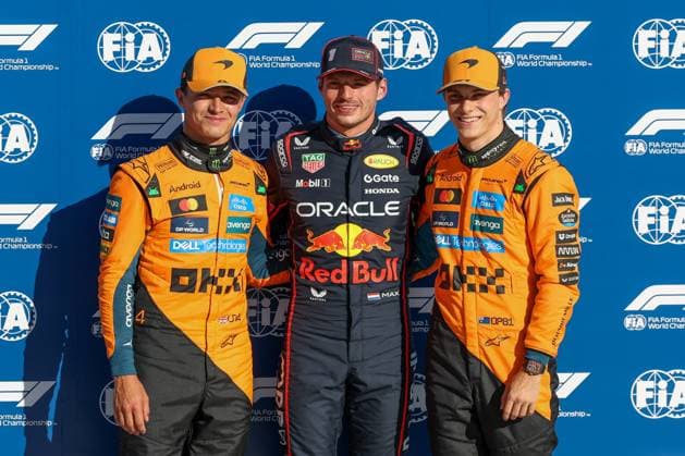 l r second starting position in the race, Lando Norris McLaren Formula 1 Team 4 , pole position in the race, Max Verstappen Oracle Red Bull Racing 1 , third starting position in the race, Oscar Piastri McLaren Formula 1 Team 81 , Qualifying, Italian Grand Prix, Motorsport, Men, Formula 1, 06 09 2025 Monza Lombardy Italy Copyright: xkolbert-press ChristianxKolbertx