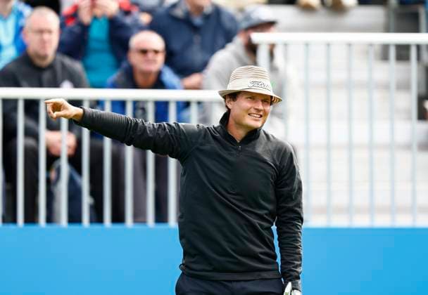 6th September 2025; The K Club, Straffan, County Kildare, Ireland: Amgen Irish Open Golf Third Round; Tapio Pulkkanen of Finland indicates his tee shot has gone to the righ on the 1st hole  PeterxFitzpatrick