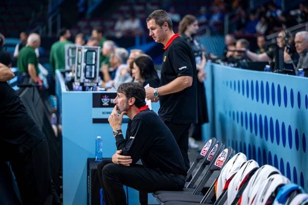 Basketball Riga 06 09 2025 DBB International Mens EuroBasket 2025 Round of 16 Germany GER Portugal POR Alex Mumbru Germany, national coach Alan Ibrahimagic Germany, assistant coach standing