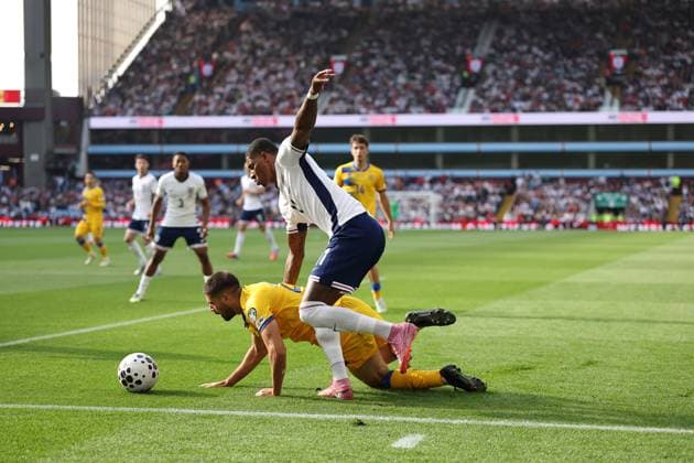 6th September 2025; Villa Park, Birmingham, West Midlands, England; FIFA World Cup, WM, Weltmeisterschaft, Fussball Qualifying Group K International Football, England versus Andorra; Marcus Rashford of England beats Biel Borra of Andorra close to goal  JohnxPatrickxFletcher