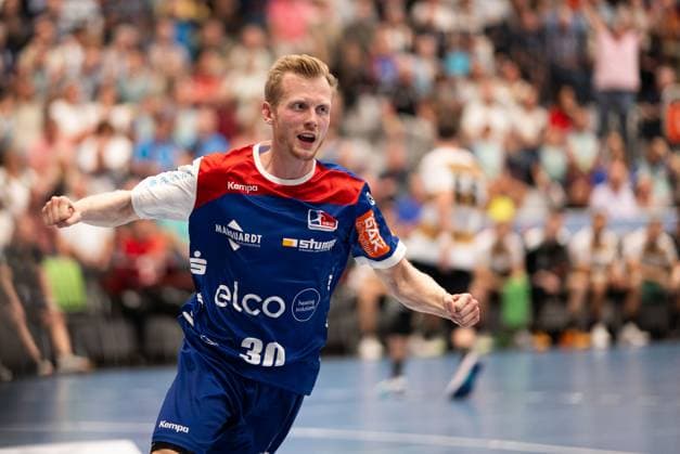 Sascha Pfattheicher HBW Balingen Weilstetten, 30 , is happy, HBW Balingen Weilstetten vs HC Elbflorenz Dresden, Handball, 2 Bundesliga, 2 Matchday, Season 2025 2026, 06 09 2025 Eibner Pressefoto Andreas Ulmer HBW Balingen Weilstetten vs HC Elbflorenz Dresden, Handball, 2 Bundesliga, 2 Matchday, Season 2025 2026, 06 09 2025 Balingen Copyright: xEibner-Pressefoto AndreasxUlmerx EP_AUR