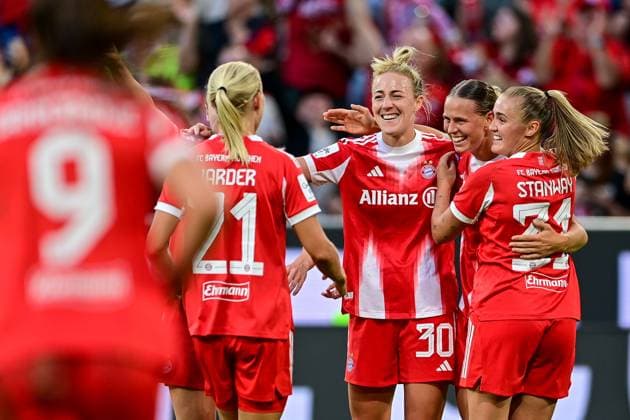 from left Pernille Harder FC Bayern München, FCB, 21 Carolin Simon FC Bayern München, FCB, 30 Klara Bühl FC Bayern München, FCB, 17 and Georgia Stanway FC Bayern München, FCB, 31 with goal celebration, jubilation, goal celebration, celebrate the goal, goal, celebration, Celebration of the goal to 2 0 by Klara Bühl FC Bayern München, FCB, 17 , optimistic, action, action, 06 09 2025, Munich Germany , Football, Google Pixel Women Bundesliga, FC Bayern München Bayer Leverkusen, DFB DFL REGULATIONS PROHIBIT ANY USE OF PHOTOGRAPHS AS IMAGE SEQUENCES AND OR QUASI VIDEO xslx