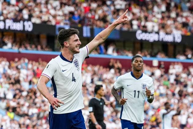 GOAL - Midfielder Declan Rice of Arsenal (4) playing for the England national team, Nationalteam celebrates after he scores his team™s second goal during the Group K World Cup Qualifier match between England and Andorra at Villa Park, Birmingham, England on 6 September 2025.  Copyright: xDavidxHornx PMI-6989-0026