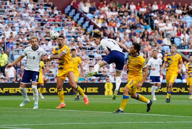 Birmingham, England, 6th September 2025. Anthony Gordon of England directs a header towards goal during the England vs Andorra FIFA World Cup, WM, Weltmeisterschaft, Fussball Qualifier match at Villa Park, Birmingham. Picture credit should read: Andrew Yates Sportimage EDITORIAL USE ONLY. No use with unauthorised audio, video, data, fixture lists, club league logos or live services. Online in-match use limited to 120 images, no video emulation. No use in betting, games or single club league player publications. SPI_088_AY_ENG_AND SPI-4113-0084