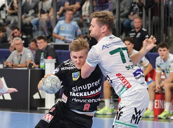 06 09 2025 Handball 1 Bundesliga DAIKIN HBL Season 2025 2026 03 Matchday HC Erlangen Metropolregion Nürnberg HCE Frisch Auf Göppingen DaMa xdaxmax Sander Andreassen Overjordet 8, HC Erlangen HCE David Schmidt 77, Frisch Auf Göppingen