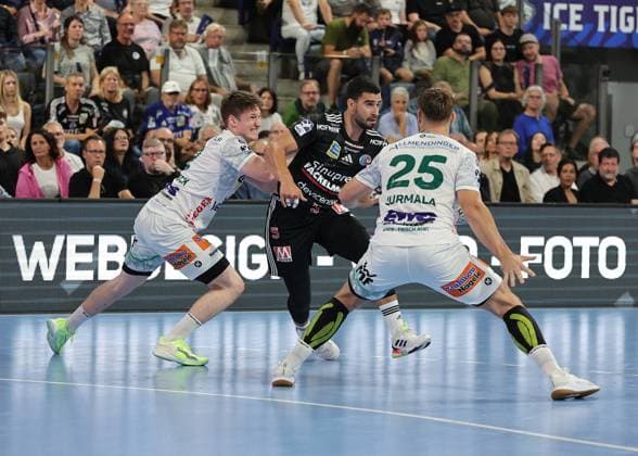 06 09 2025 Handball 1 Bundesliga DAIKIN HBL Season 2025 2026 03 Matchday HC Erlangen Metropolregion Nürnberg HCE Frisch Auf Göppingen DaMa xdaxmax Oskar Neudeck 2, Frisch Auf Göppingen Milos Kos 5, HC Erlangen HCE Ludvig Jurmala Aström Astroem 25, Frisch Auf Göppingen