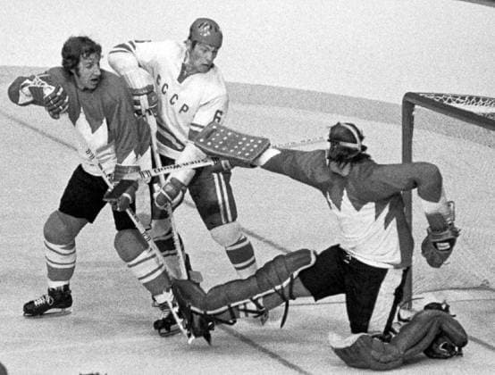 September 8, 1972, Vancouver, Bc, Canada: (Team Canada goalie Ken Dryden and defenceman Rod Seiling combine to block a scoring attempt by Soviet defenceman Valery Vasiliev during the first Canada-Soviet series in this Sept. 8, 1972, photo. THE CANADIAN PRESS 1997 (Fls-CP) CANADA-SOVIET SERIES  - ZUMAc35_ 19720908_zaf_c35_002 Copyright: xStfx