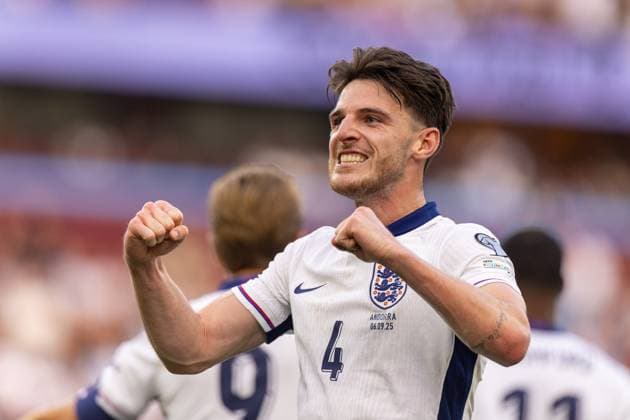Football - FIFA World Cup, WM, Weltmeisterschaft, Fussball 2026 Qualifying - Group K - England v Andorra BIRMINGHAM, ENGLAND - Friday, September 5, 2025: England s Declan Rice celebrates after scoring the second goal during the FIFA World Cup 2026 Qualifying Group K match between England and Andorra at Villa Park. (Photo by David Rawcliffe Propaganda) BIRMINGHAM Villa Park WEST MIDLANDS ENGLAND  Copyright: xDavidxRawcliffex P2025-09-06-England_Andorra-117